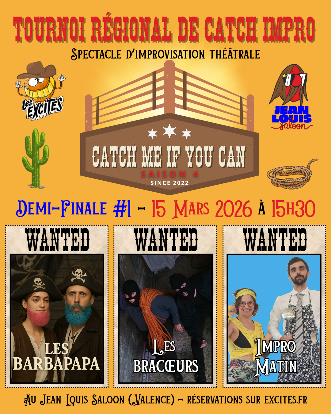 Retrouvez le tournoi de Catch Impro des Excités au Jean Louis Saloon à Valence